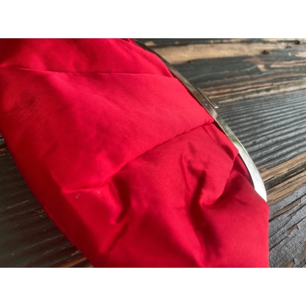 Vintage Red Satin Pleated Evening Clutch Bag Silver Frame Formal Handbag